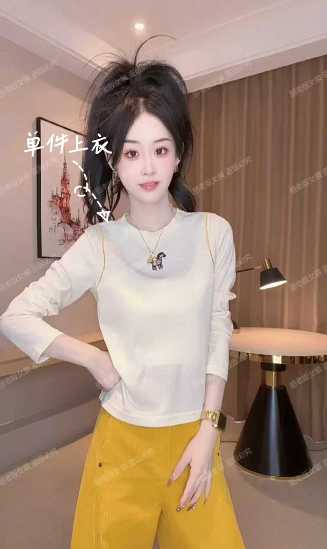 Ling【小斑马】秋季套头百搭修身显瘦精致刺绣时尚设计感气质上衣