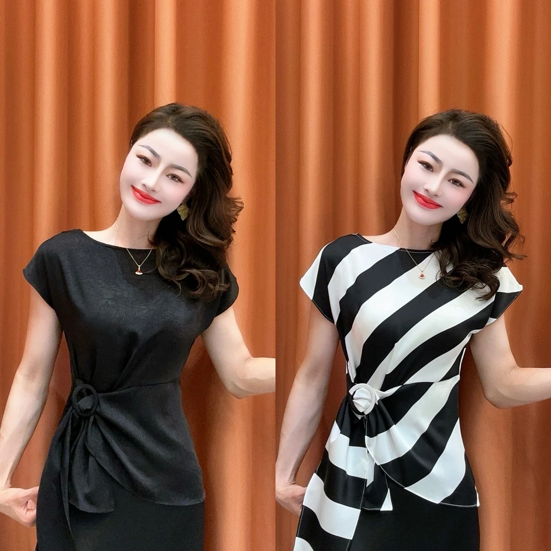 【柏芝推荐】2025夏季新款法式轻奢圆领小衫时尚收腰显瘦纹理短袖女