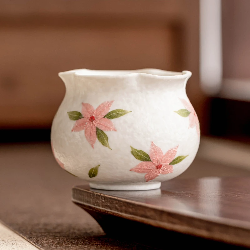 岩矿白中式樱花茶杯手绘陶瓷鼓腹花蕾杯家用茶室高端品茗杯子茶盏