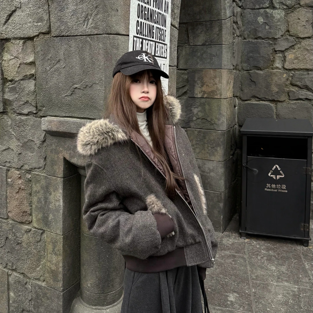 韩系高级感时尚拼毛领连帽棉服夹克秋冬新款宽松加厚保暖夹棉外套