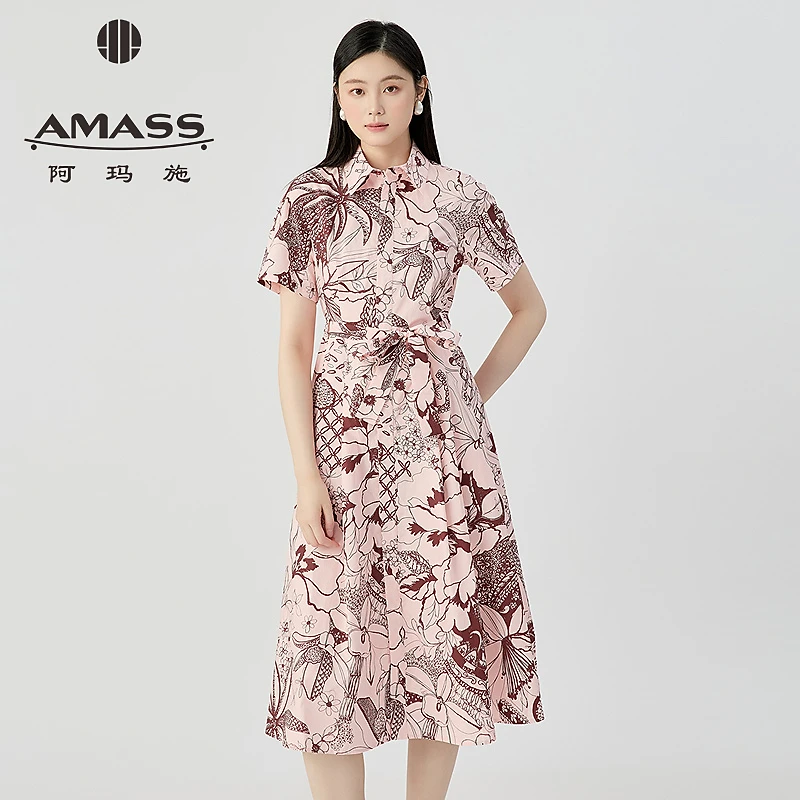 阿玛施AMASS 时尚长款连衣裙休闲棉质印花短袖洋装附腰带550052