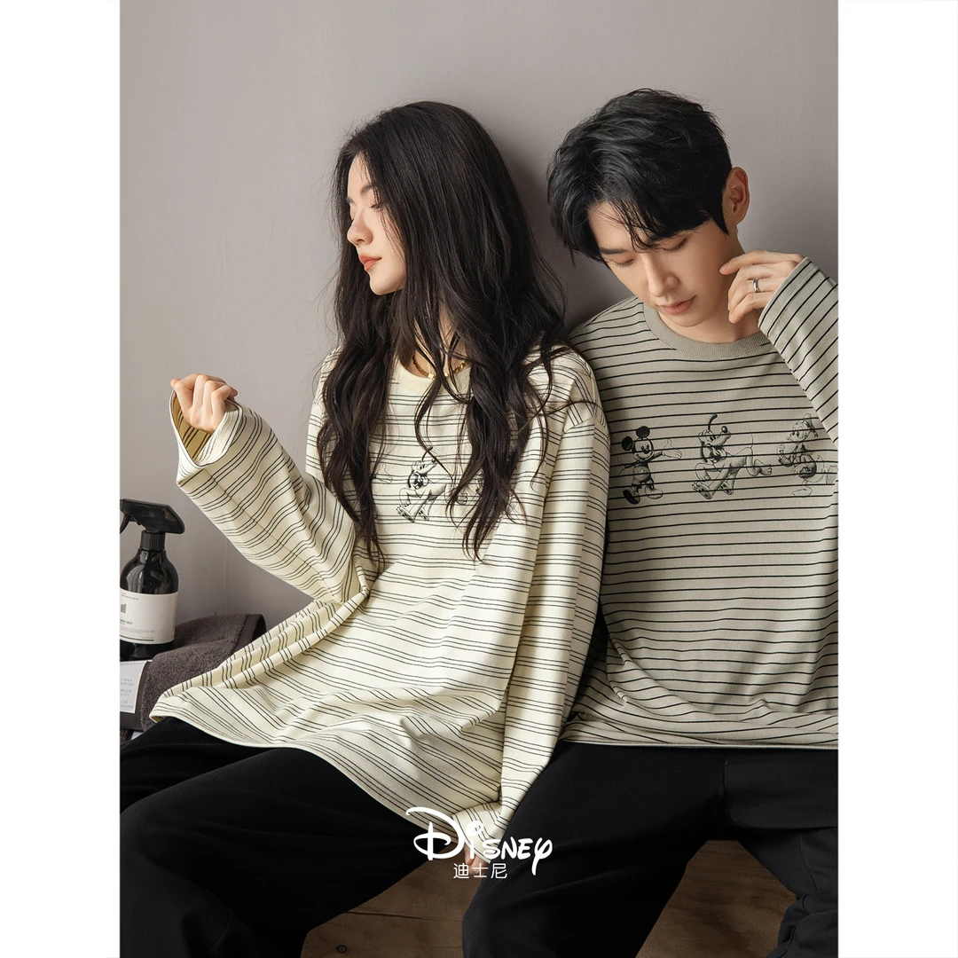 迪士尼情侣睡衣女款春秋季柔软棉圆领长袖套装男士大码条纹家居服