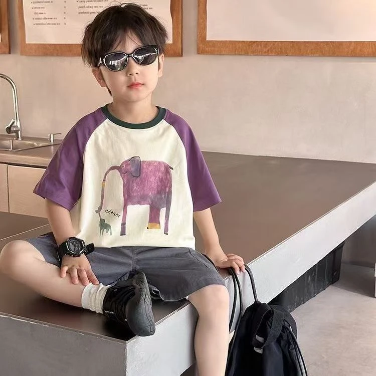 【亏米冲量】2025新款儿童短袖纯棉圆领拼色洋气插肩T恤休闲时尚