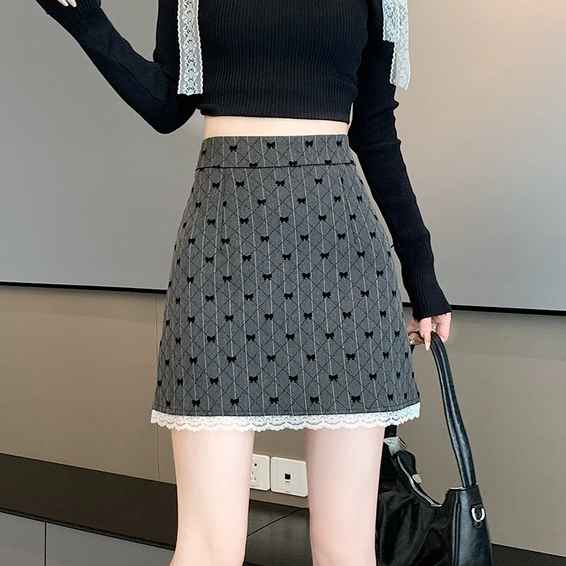 【春上新】印花西装裙女春秋蕾丝花边a字包臀短裙条纹高腰半身裙子