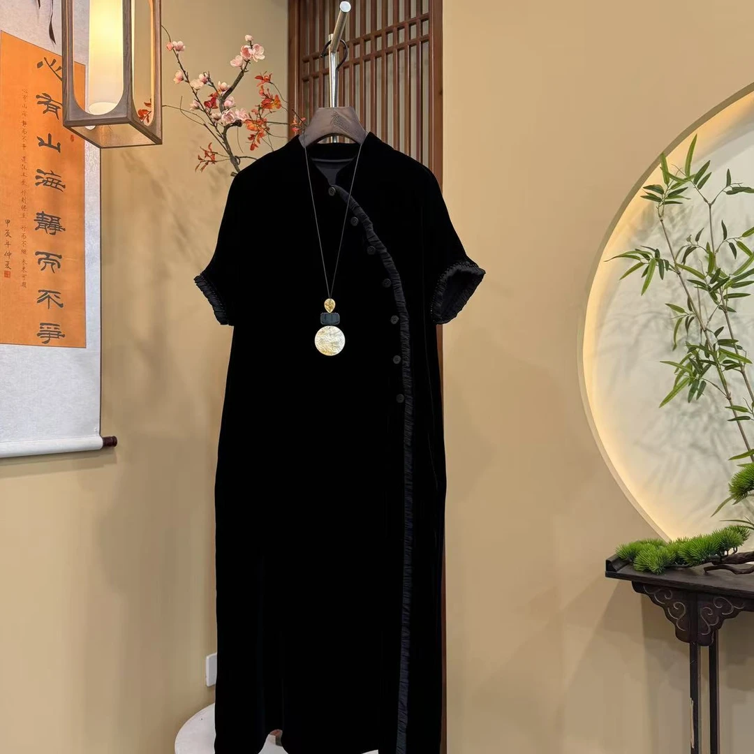 【媪黛丝绸】100%桑蚕丝丝绒花边拼接长款设计连衣裙     597