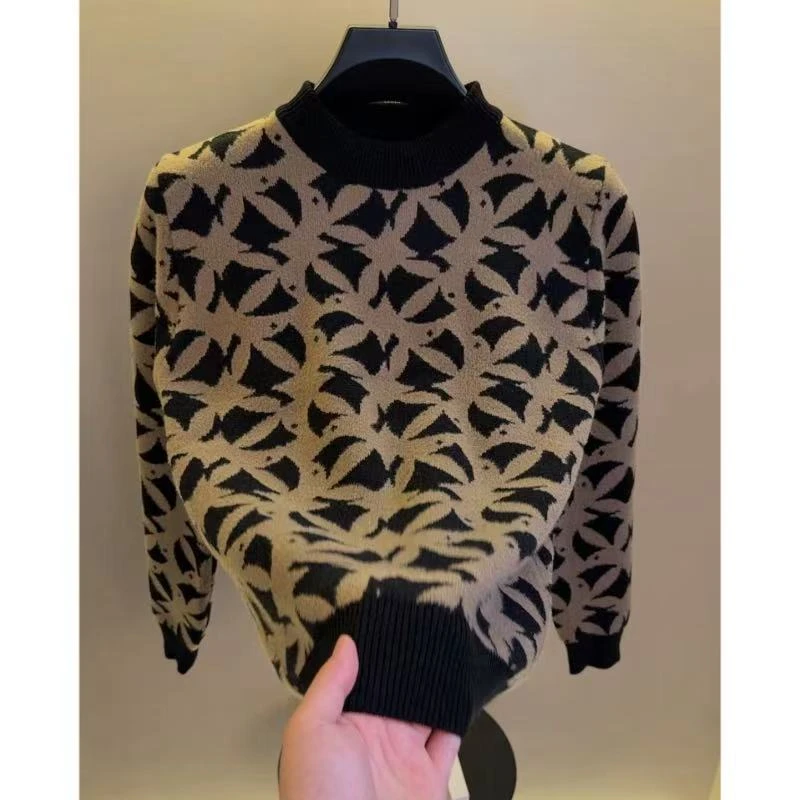 高档半高领提花针织毛衣男士冬季时尚百搭潮流保暖打底衫男装0831