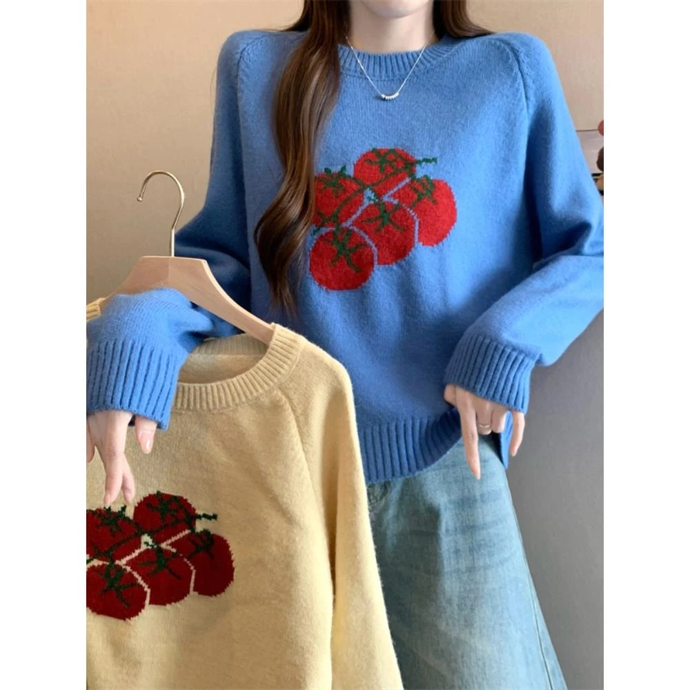 韩系减龄番茄图案提花圆领套头毛衣女秋季新款宽松长袖针织衫上衣