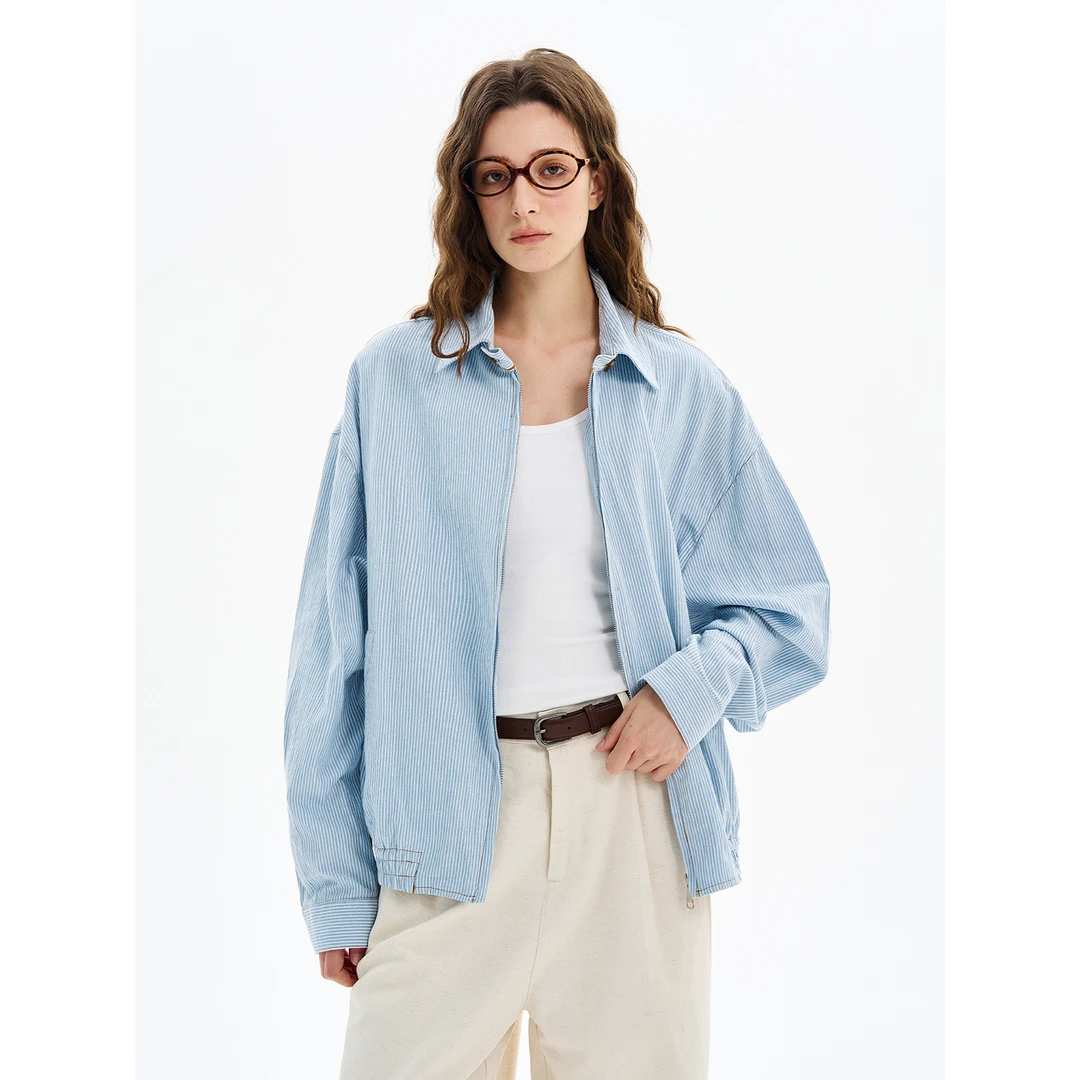 MaxDstr2025年早秋niu系欧若风竖条纹哈灵顿衬衫衬衣男女轻薄外套