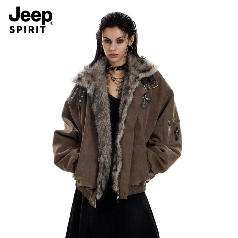 Jeepspirit男女款毛领座山雕棉服十字架加绒加厚夹克冬季新款棉衣