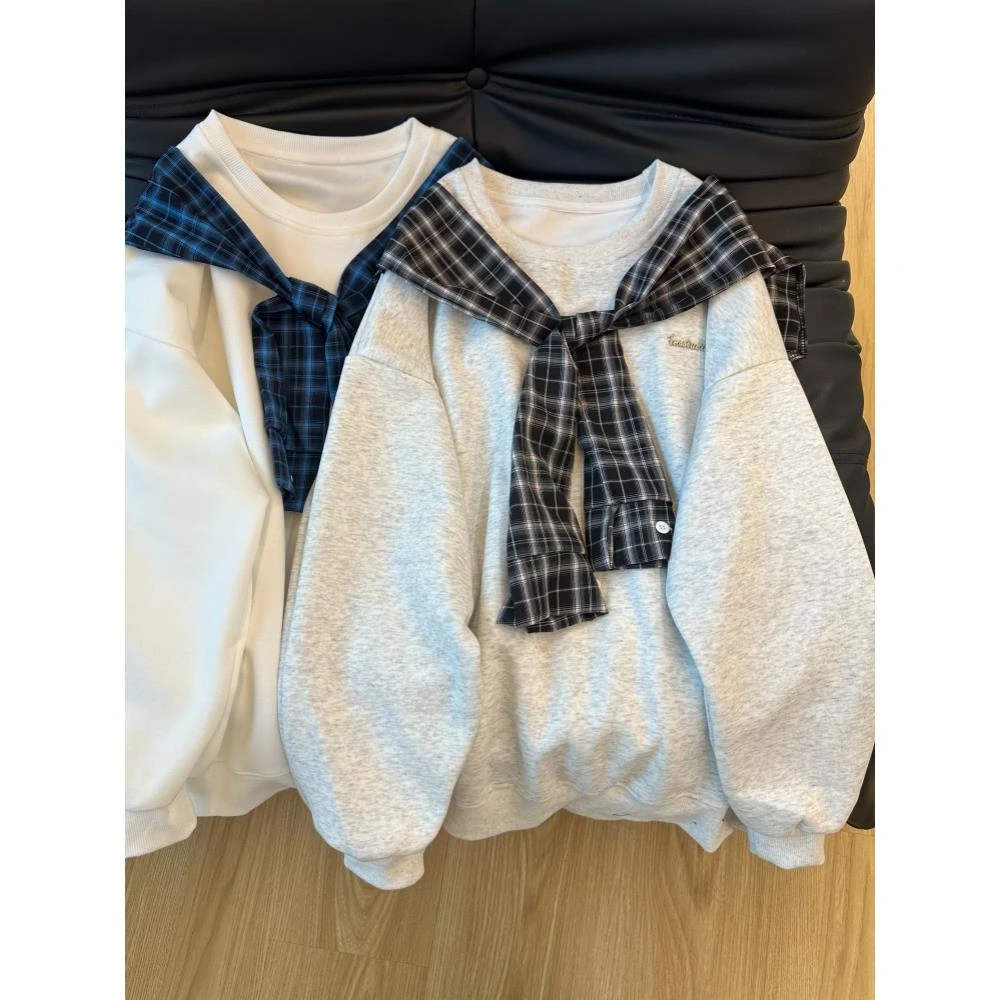 美式设计感格子披肩圆领卫衣男女2025秋季新款宽松慵懒风情侣上衣