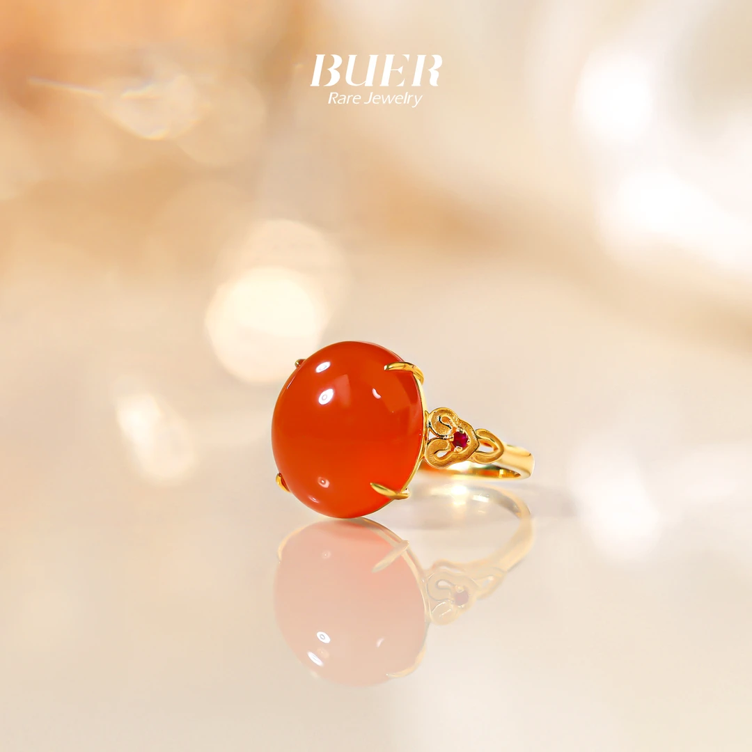 【不二】河湾冰红18k金戒指天然南红蛋面如意金女士戒指（多样发一）