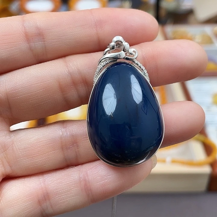 蓝珀珠宝奇石银S925镶嵌多米尼加蓝珀 2A 赠银项链