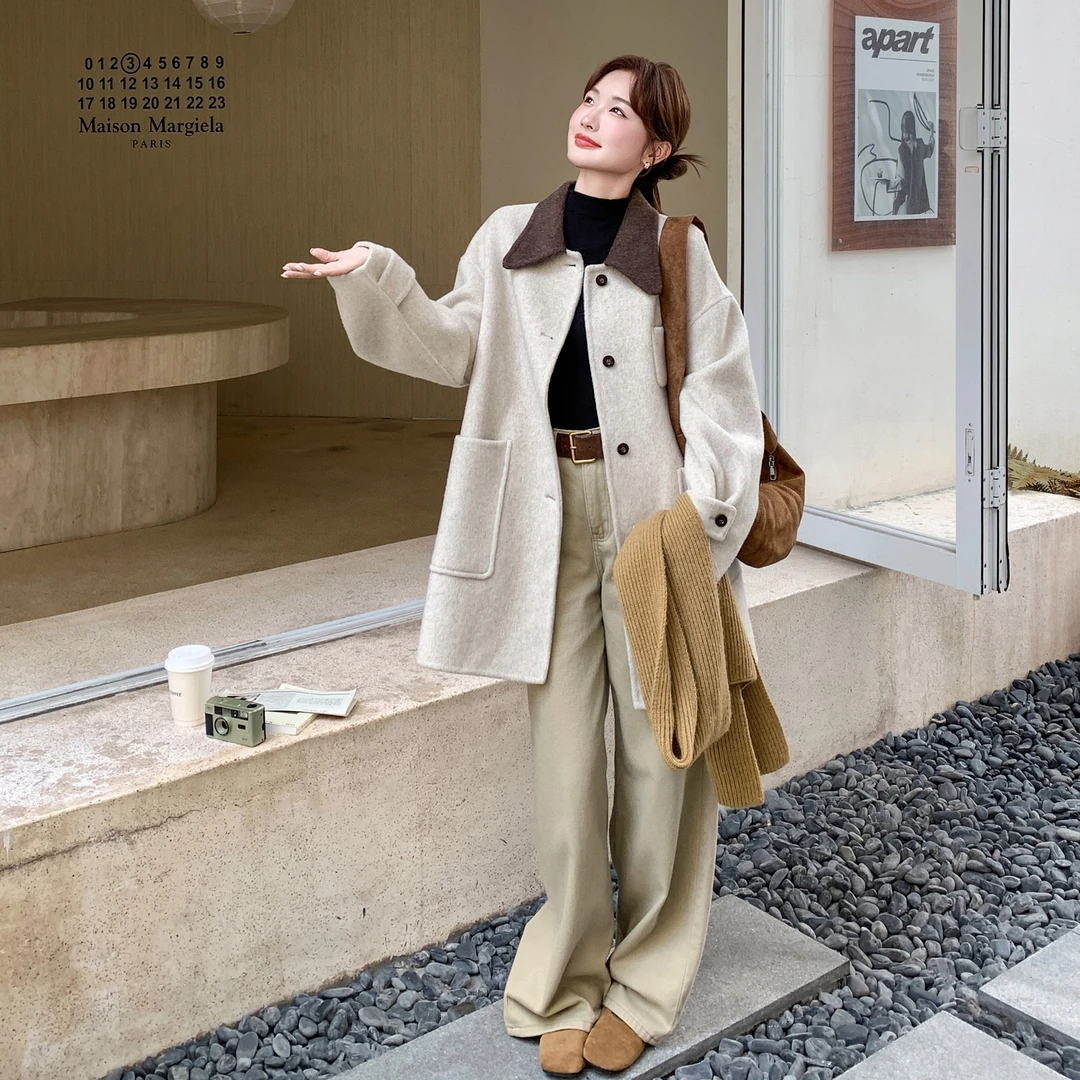 时尚巴恩风通勤减龄百搭大衣女2025秋冬新款气质感超洋气撞色外套