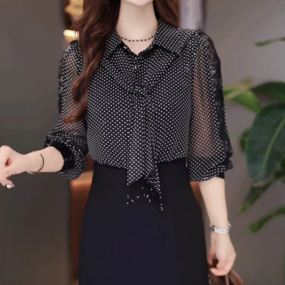 波点长袖翻领衬衫女2025秋季新款洋气显瘦设计感飘带雪纺开衫上衣