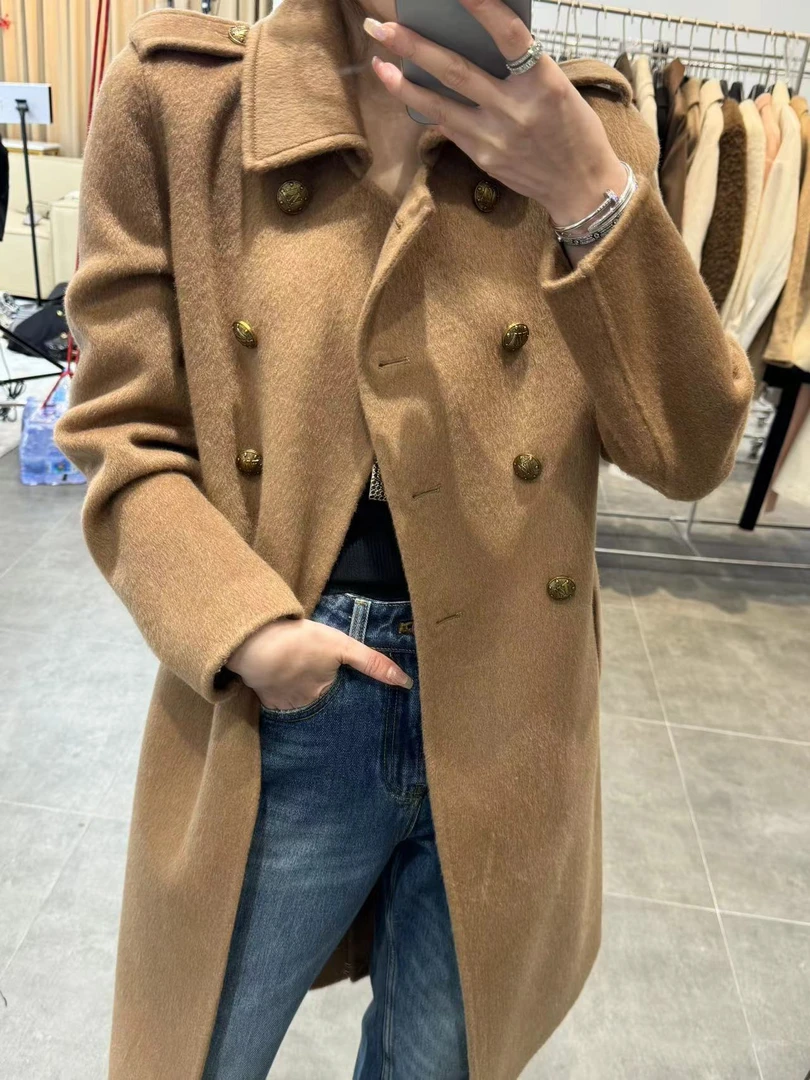 DM•STUDIO/长款翻领排扣桑蚕丝骆驼绒双面手工毛呢大衣（55101）