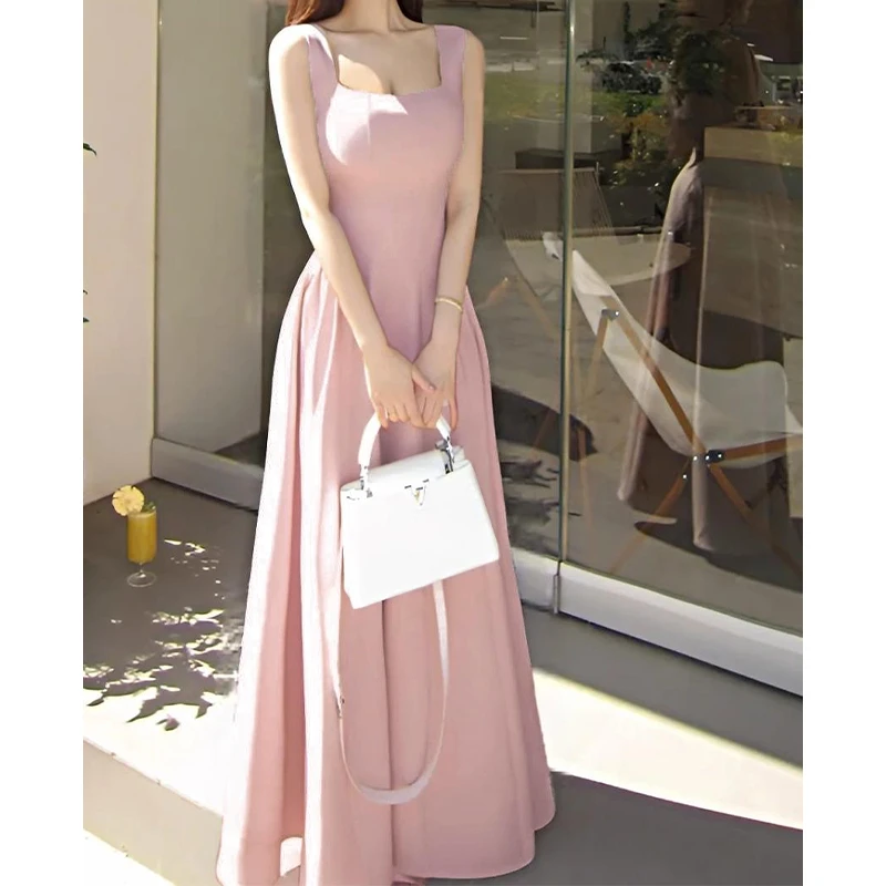温柔风方领高级感吊带纯色连衣裙女夏收腰气质大裙摆显瘦A字长裙