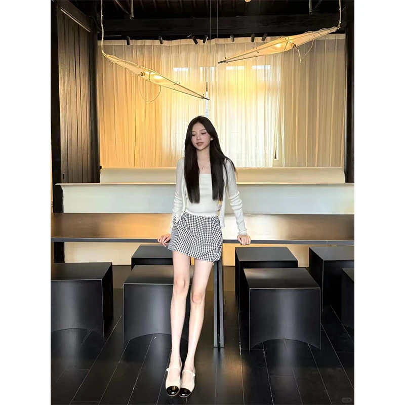 2025新款女士早秋季韩系穿搭内搭吊带针织开衫外套高腰显瘦半身裙