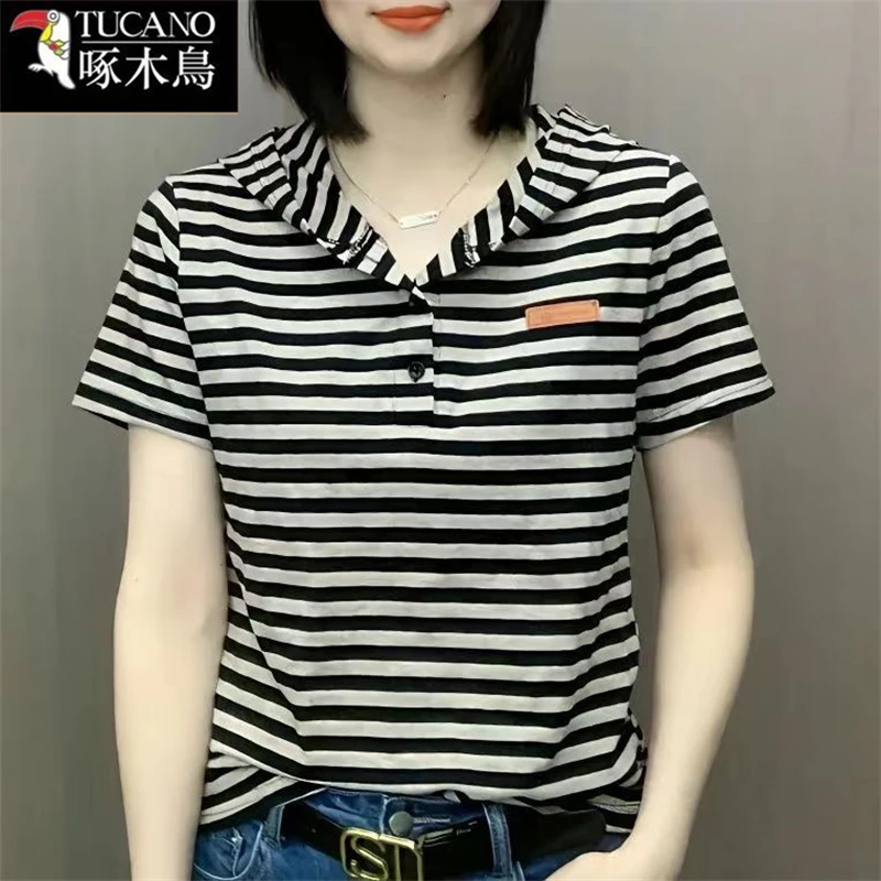 啄木鸟连帽韩版条纹短袖T恤2025夏季新款洋气百搭宽松显瘦上衣女