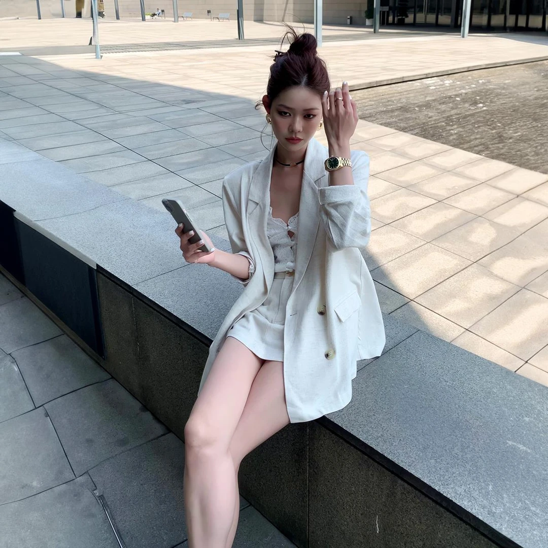 VOCKOO官方春季西装亚麻套装女松弛感2025防晒宽松外套气质上衣薄