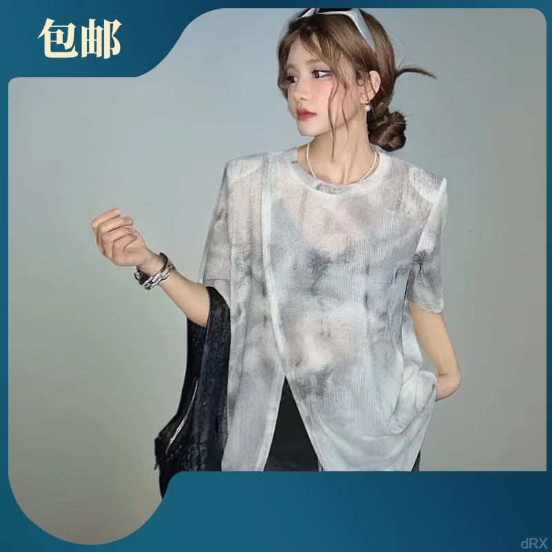 夏季新款冰麻针织扎染短袖T恤不规则下摆开叉百搭显瘦遮肉上衣