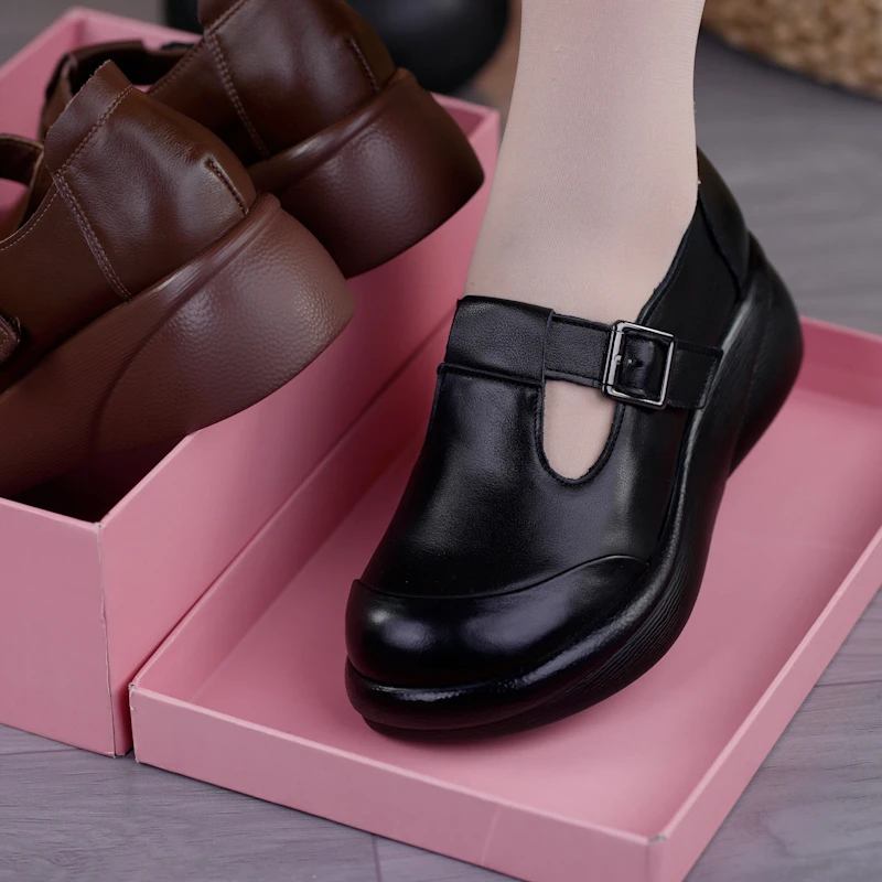 头层牛皮T型带(脚背)圆头夏季单鞋坡跟复古女鞋