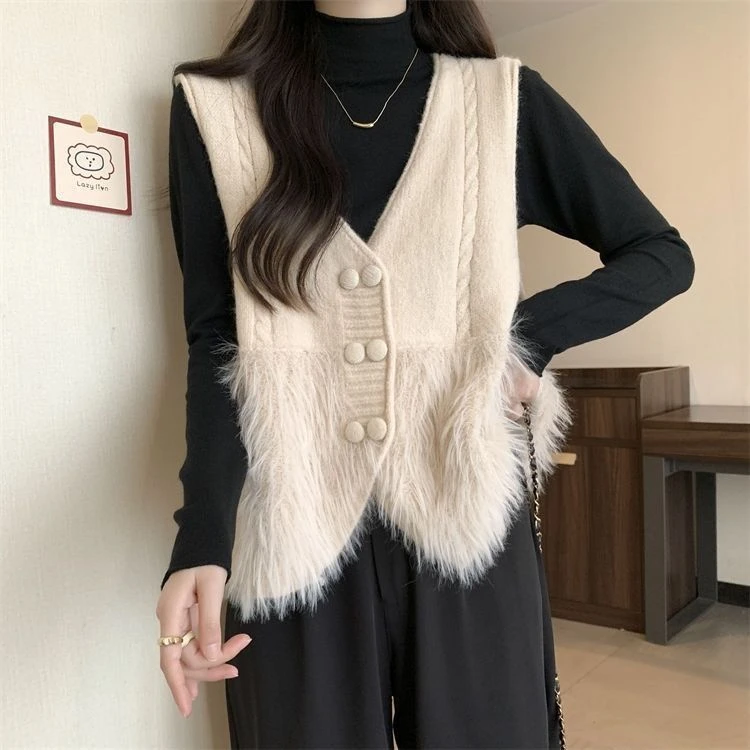 时尚设计感双排扣V领短款无袖毛衣背心女宽松百