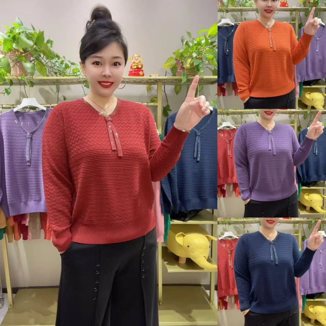 1217新款飘带钻领洋气长袖妈妈装美衫