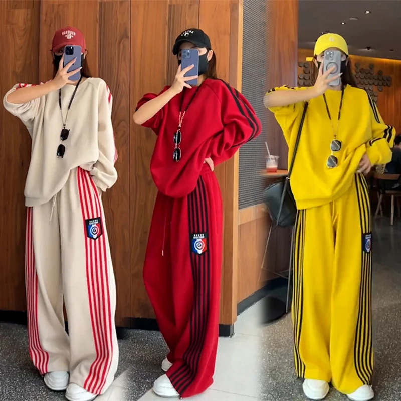 一整套初春季高级感穿搭休闲运动宽松卫衣高腰阔腿裤显瘦两件套女