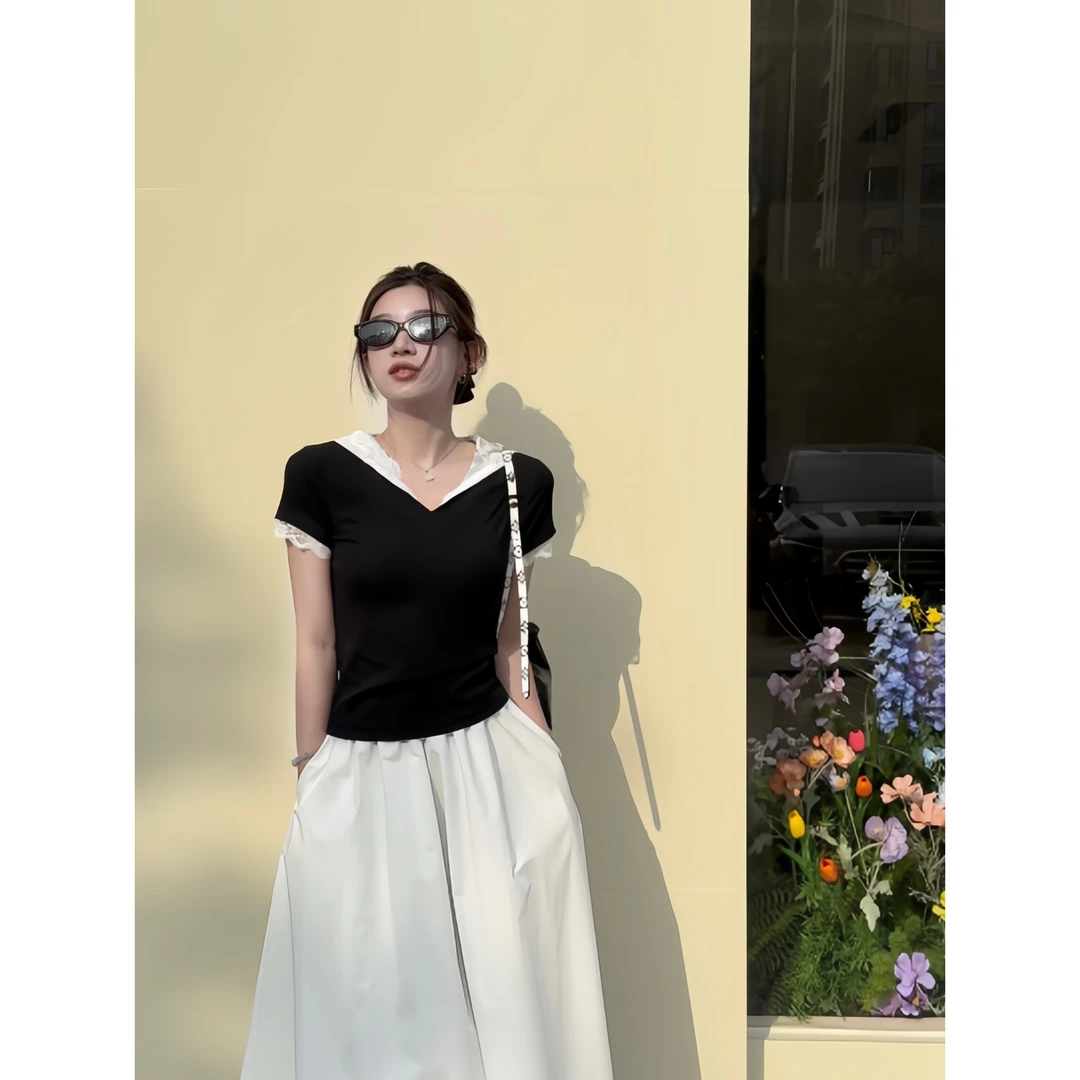 【QIANA】入夏私语 春夏新款时尚设计感蕾丝拼接T恤qian078