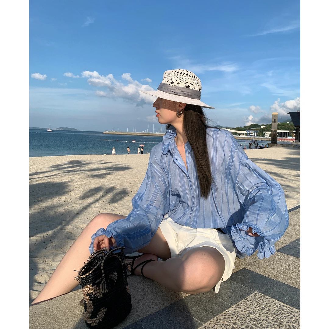 Gakee【海盐叙事】条纹Polo领衬衫女宽松休闲落肩袖开衫 C34622GK52