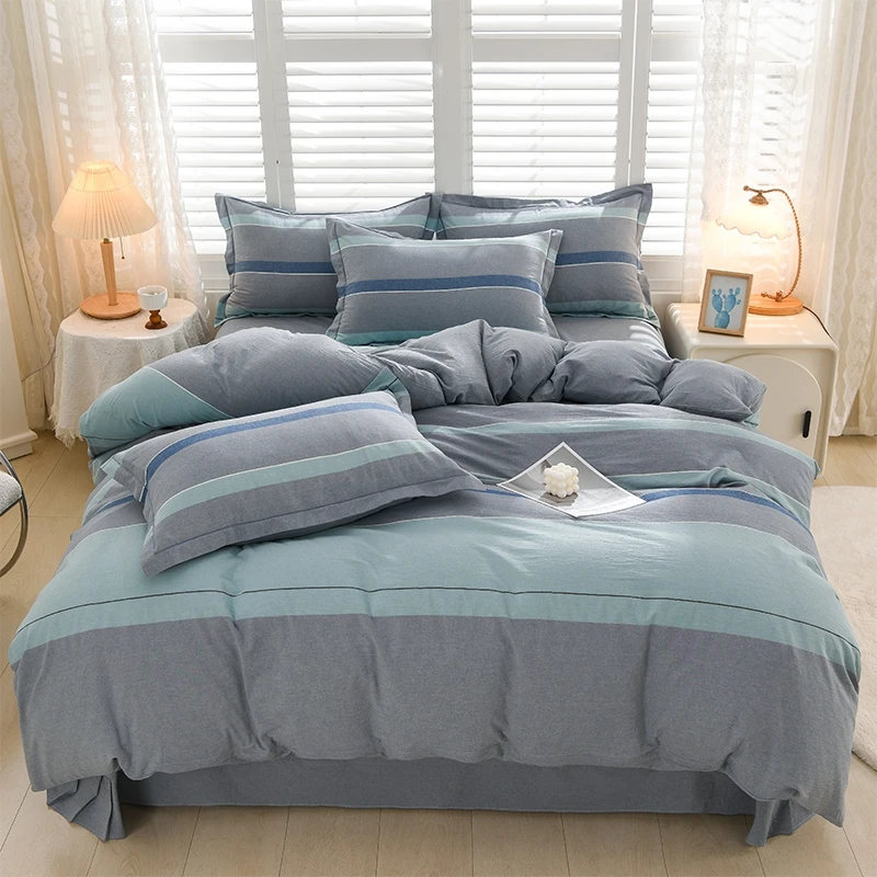 四季款 100%全棉色织水洗棉四件套轻奢简约柔软亲肤被罩枕套随机