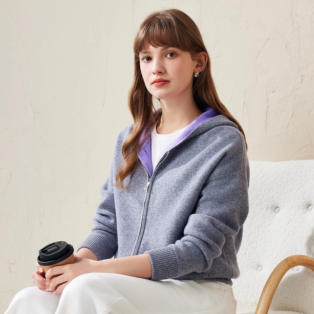 COMOBOCA/科蒙·博卡加厚绵羊毛连帽双面空气层冬针织外套KSS5232