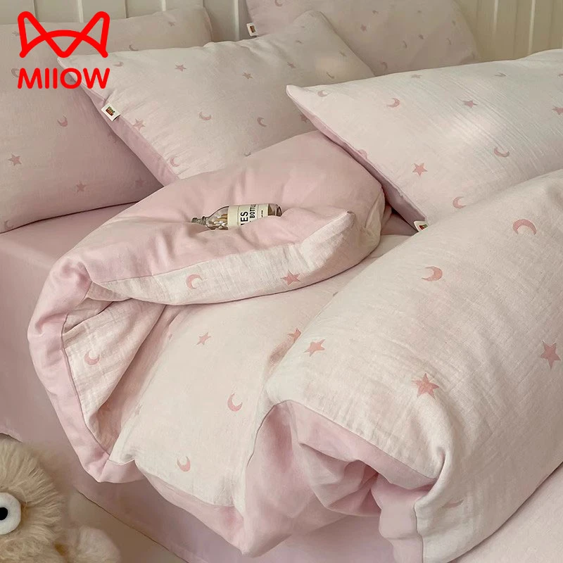 猫人纯棉床上四件套100全棉新款双层皱皱纱被套床单床笠轻奢床品