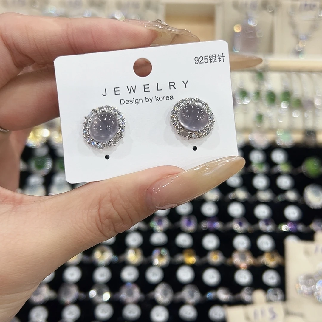 菲***活耳钉银S925镶嵌萤石