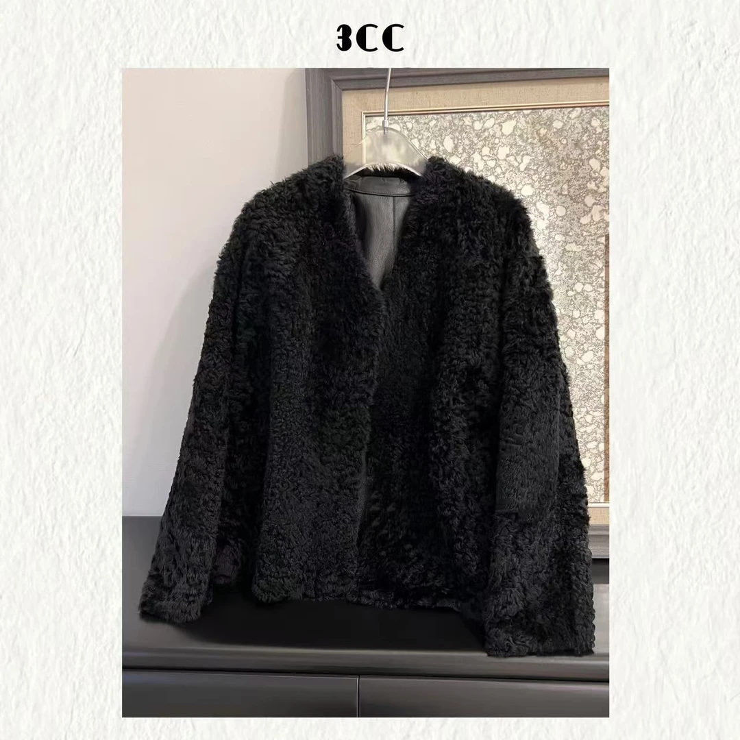 3CC【奢华小拉贡】设计感V领黑标拉贡皮毛一体外套87005