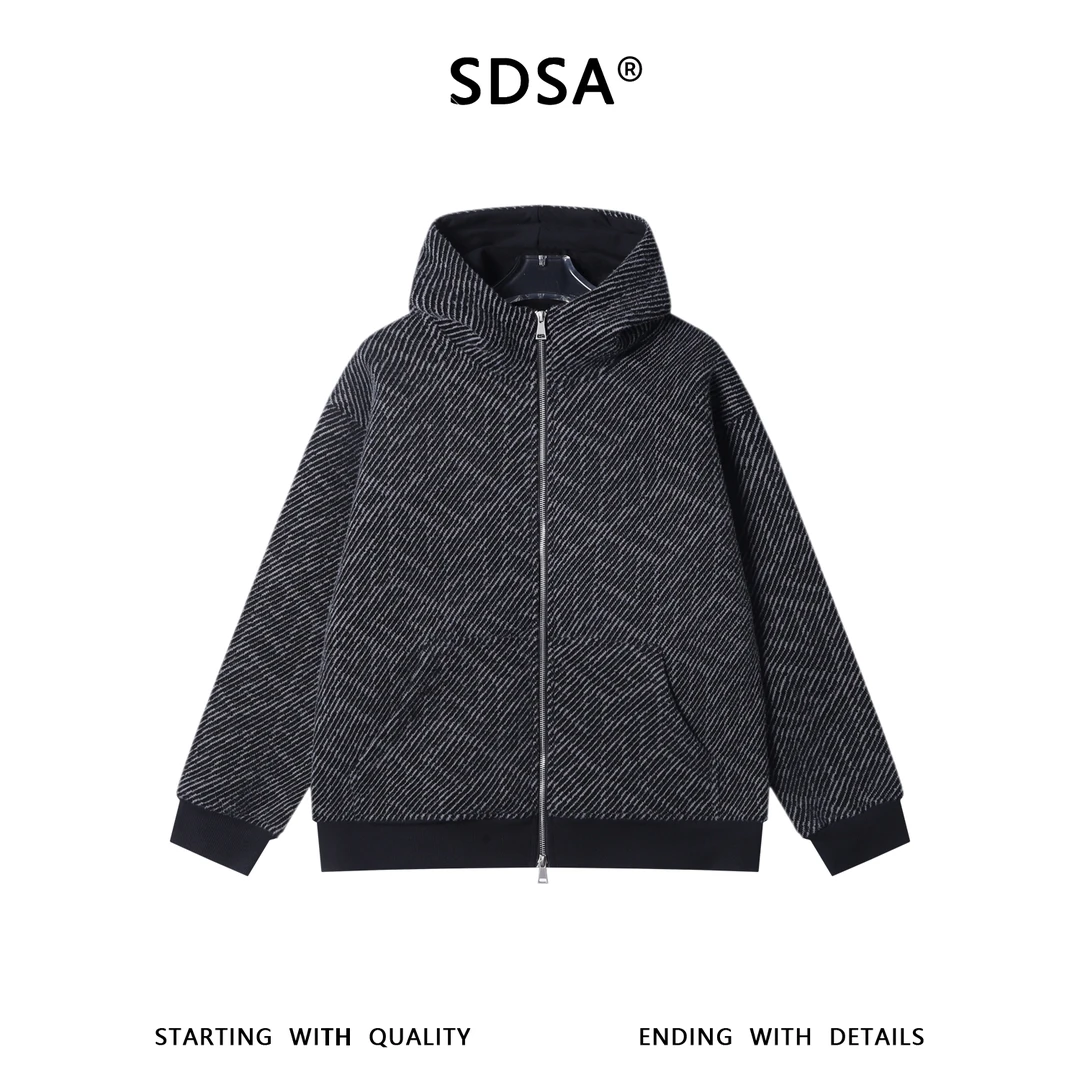 SDSA秋冬新款痞帅男装时尚简约斜纹拉链立领连帽卫衣开衫百搭宽