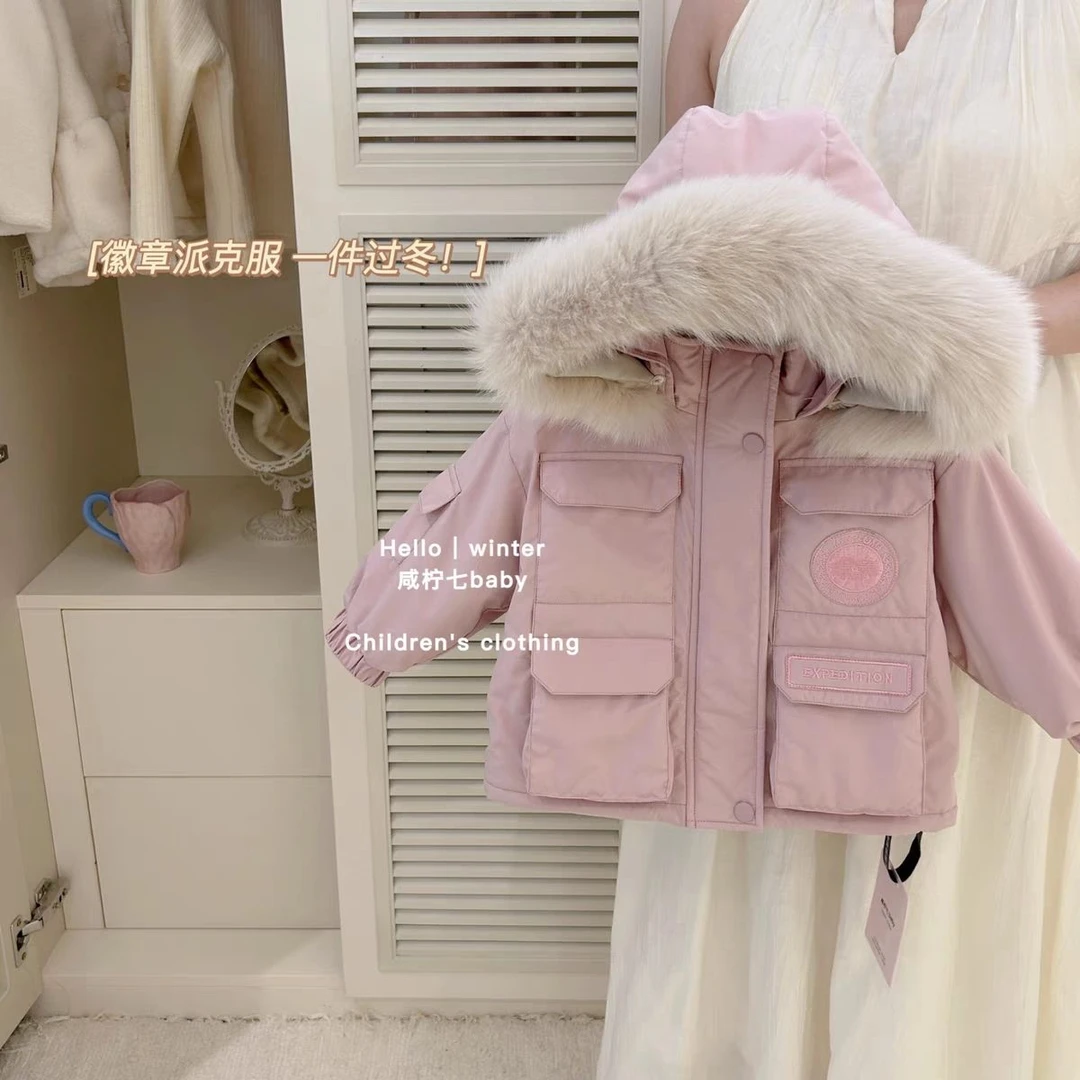 女童洋气大毛领连帽派克服中长款2025新款加绒保暖外套外穿潮