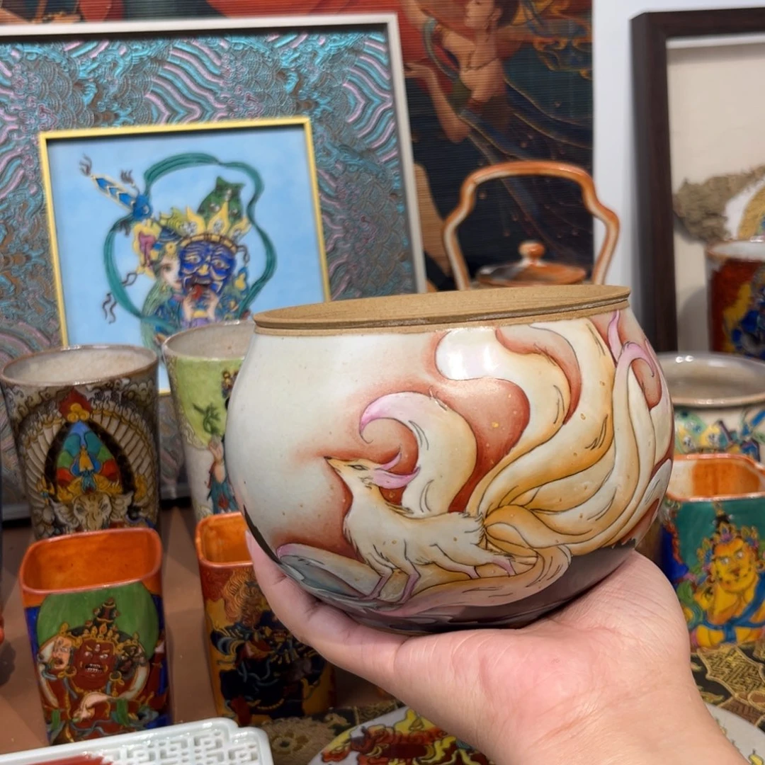 手工手绘九尾狐茶洗
