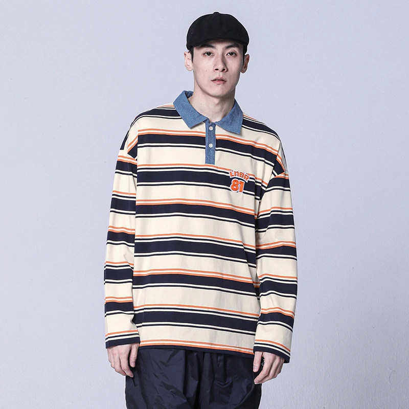 LNBR原创春学院风休闲条纹长袖T恤男女流行宽松廓形情侣衫大码