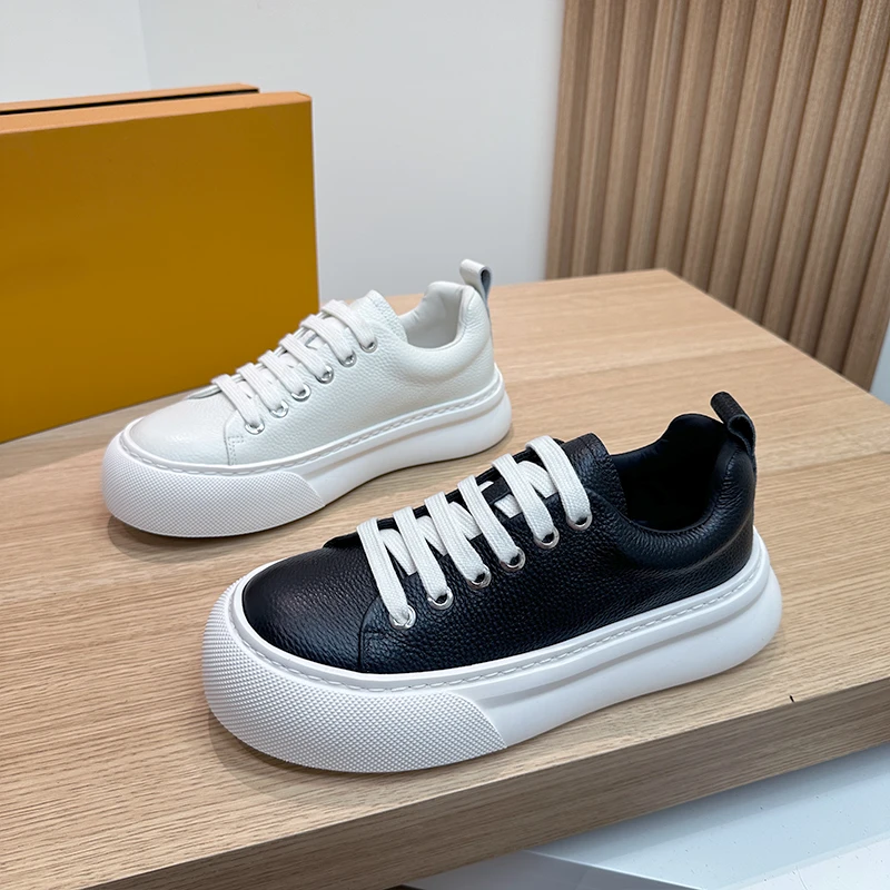 高端轻奢头层牛皮厚底板鞋荔枝纹透气百搭休闲鞋素面时尚极简男鞋