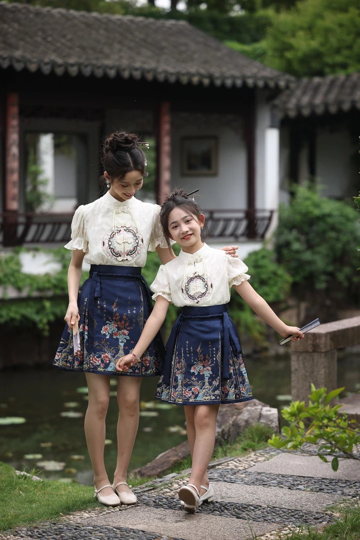 女童马面裙母女亲子套装2025新款中式国风小女孩儿童汉服夏季短裙