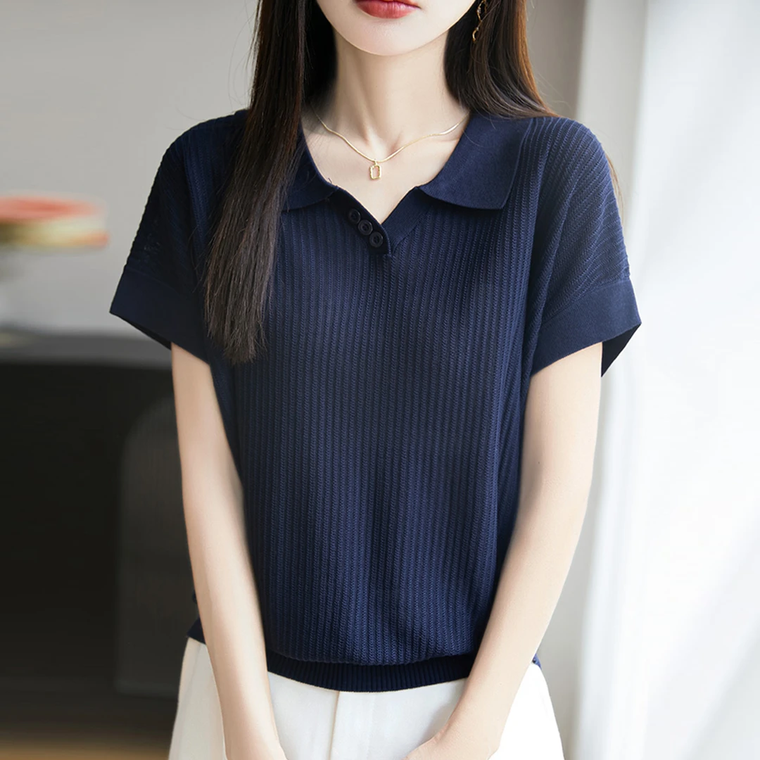 微胖mm夏装特大码冰丝针织衫女士短袖t恤遮肚子巨显瘦polo领上衣