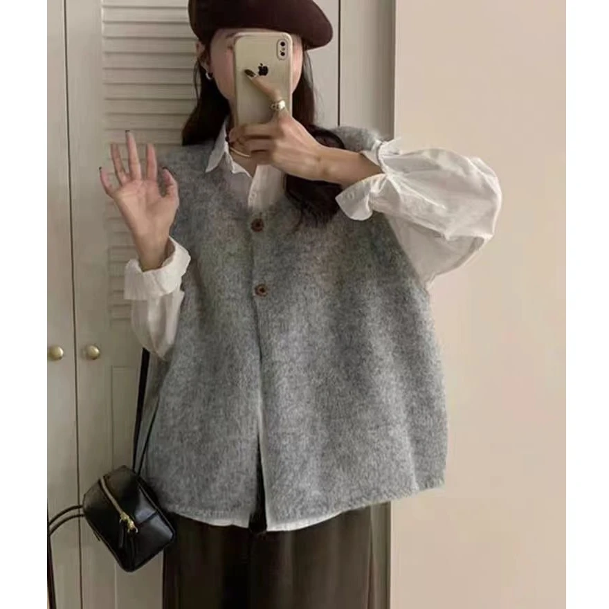 复古厚款开衫马夹常规款毛马甲无袖纯色圆领网红设计感针织衫女