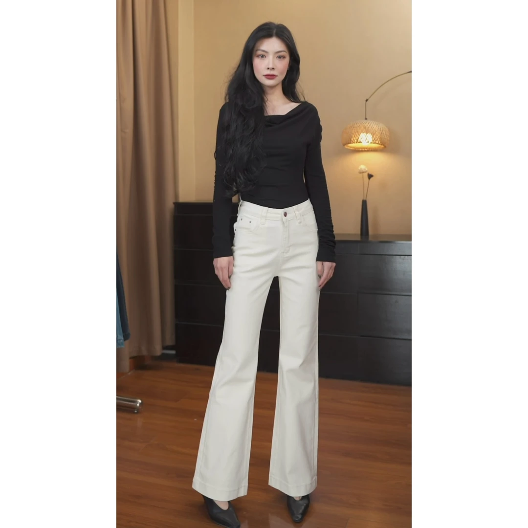 奶茶白-四面弹白色春季直筒微喇牛仔裤高腰时尚百搭显瘦