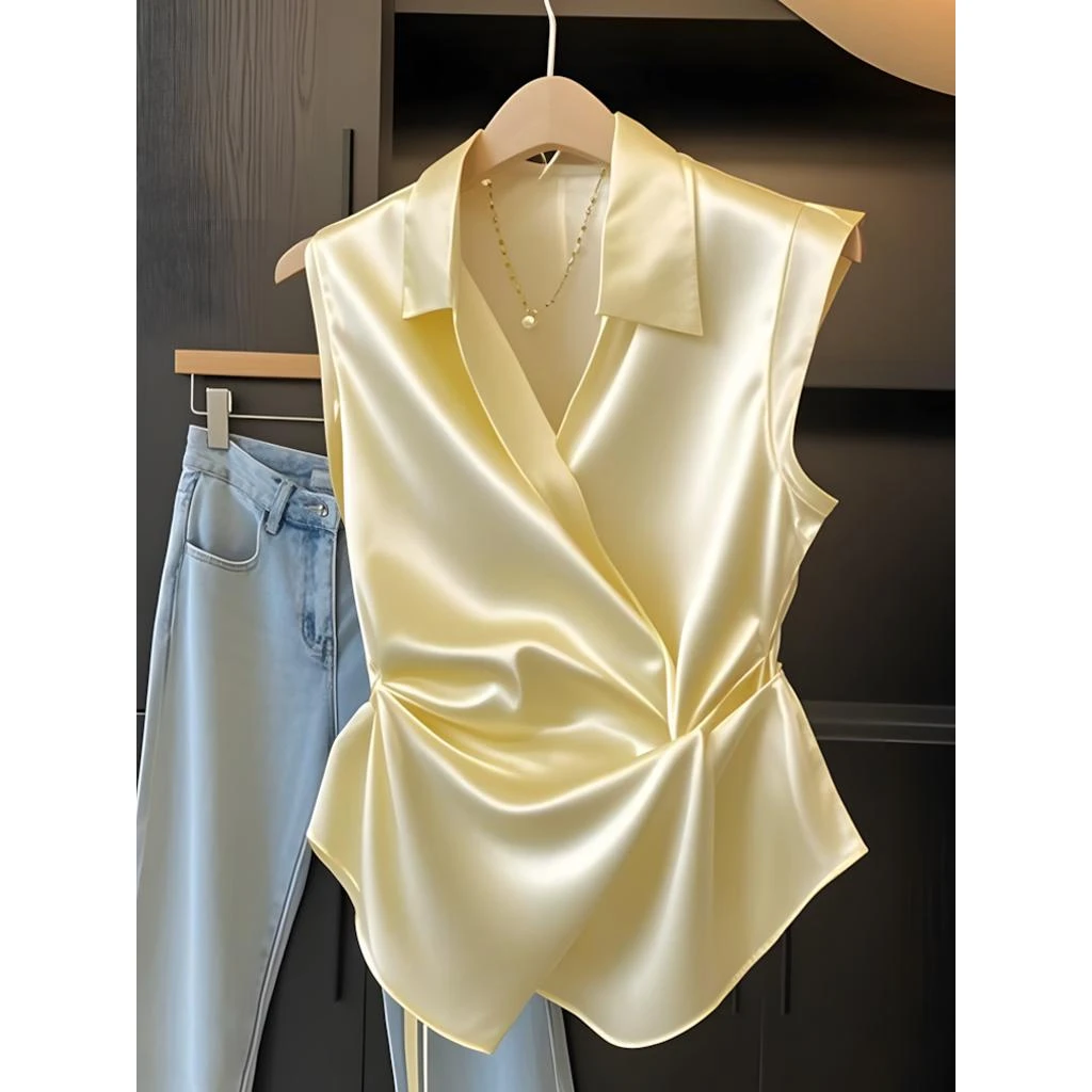 气质缎面收腰无袖衬衫女2025夏季新款设计感收腰显瘦时尚背心上衣
