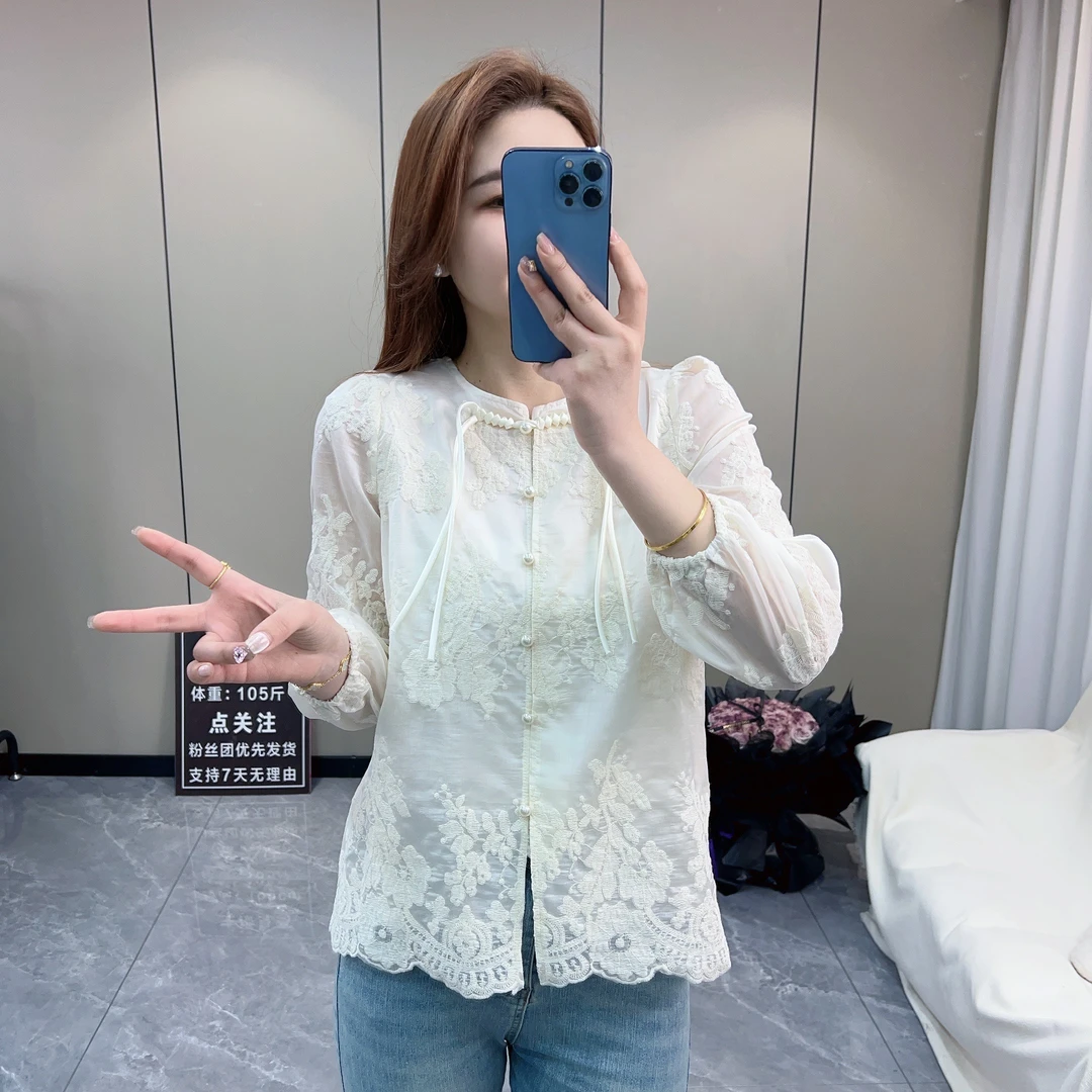 新中式国风衬衫女气质蕾丝提花衬衣2025春季流行爆款外套打底上衣