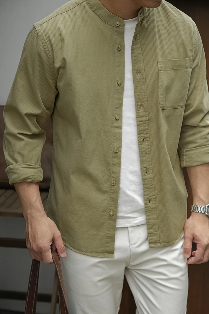 唔刃工装人字纹纯棉立领亨利衬衫长袖外套棒球领衬衣外穿男士