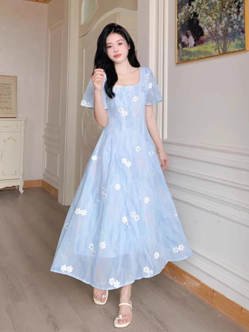 （80-200斤）小清新连衣裙夏季温柔风长裙胖MM遮肚显瘦a字裙子1812