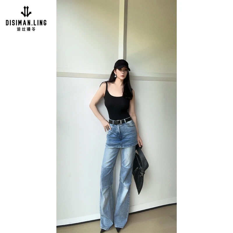迪丝嫚苓蓝色牛仔裤拼接腰头微喇裤复古做旧时尚休闲设计修身小众