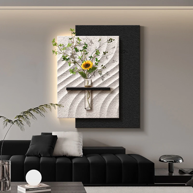 抽象画客厅装饰画现代简约沙发背景墙挂画砂岩水培绿植玄关壁画灯